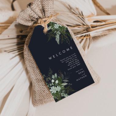 Greenery and Gold Leaf | Dark Navy Wedding Welcome Gift Tags