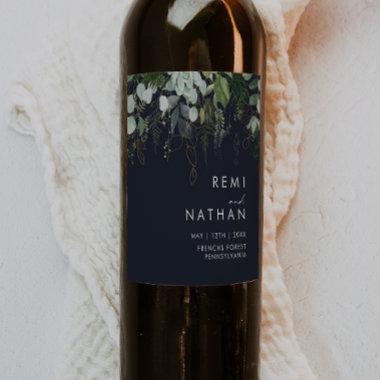Greenery and Gold Leaf | Dark Navy Wedding Wine Label