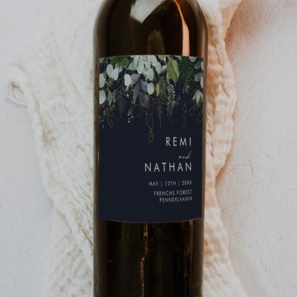 Greenery and Gold Leaf | Dark Navy Wedding Wine Label