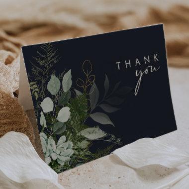 Greenery and Gold Leaf Script | Dark Navy Thank You Invitations
