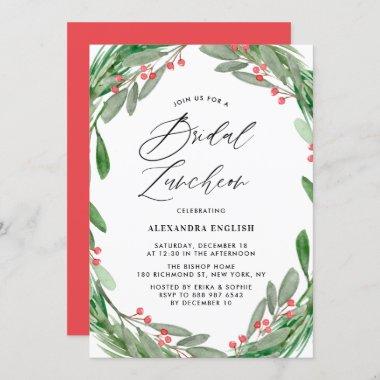 Greenery and Holly Wreath Winter Bridal Luncheon Invitations