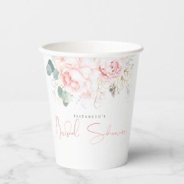 Greenery and Pink Flowers Elegant Bridal Shower Paper Cups
