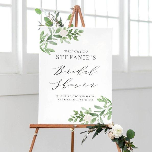 Greenery and White Flowers Gray  Poster