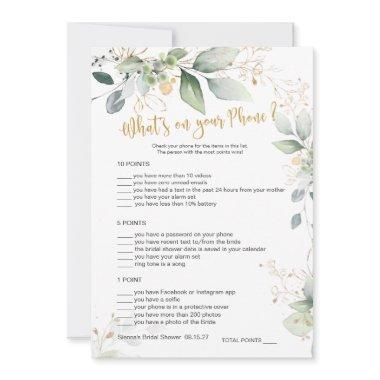 Greenery Bridal Game What's on Your Phone Invitations