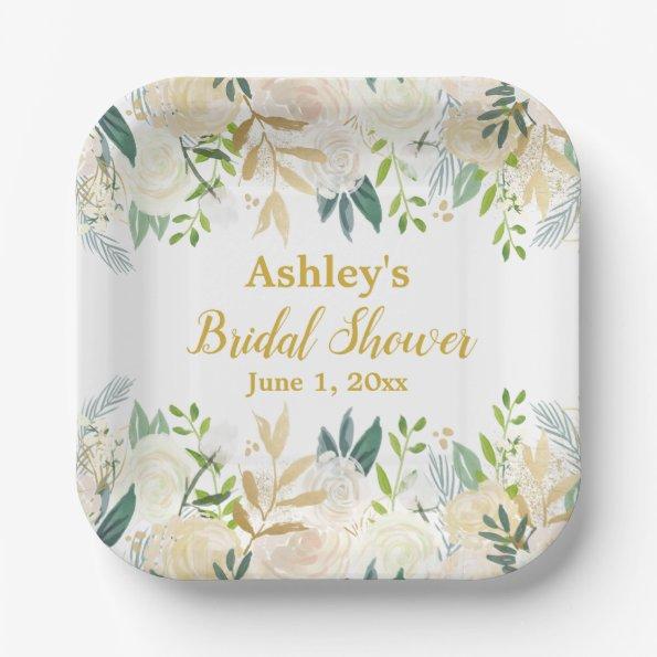 Greenery  White Gold Engagement Party Paper Plates