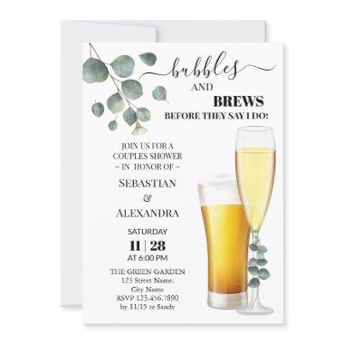 Greenery Bubbles and Brews Couples Shower Invitations