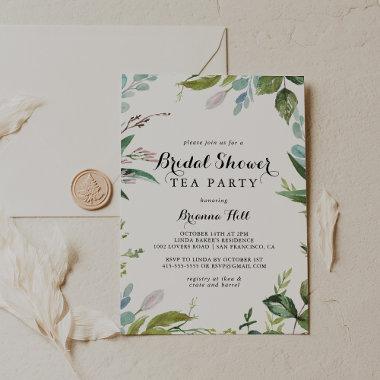 Greenery Calligraphy Bridal Shower Tea Party Invitations