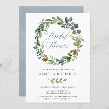 Greenery dusty blue floral wreath rustic bridal Invitations