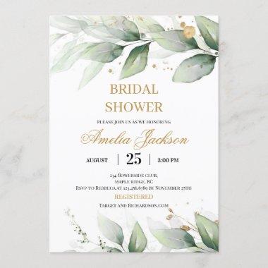 Greenery eucalyptus and gold sparkles bridal Invitations