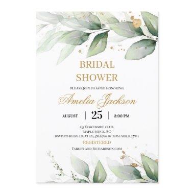 Greenery eucalyptus and gold sparkles bridal Invitations