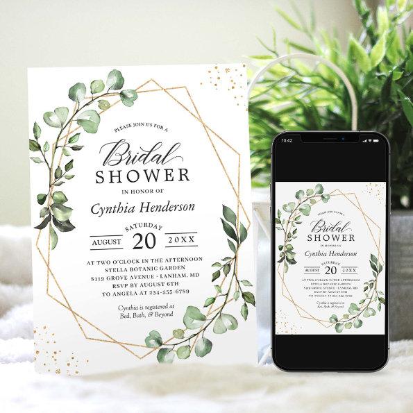Greenery Eucalyptus Gold Geometric Bridal Shower Invitations