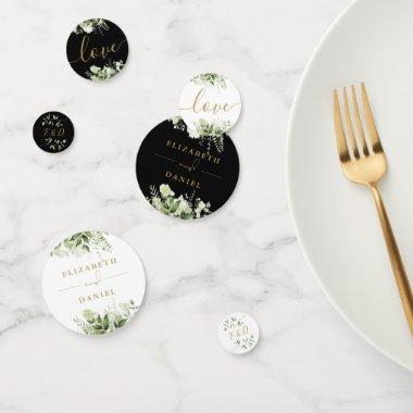 Greenery Floral Monogram Black And Gold Wedding Confetti