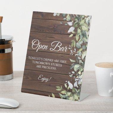 Greenery Floral Rustic Wood Open Bar Sign