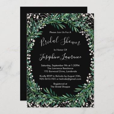 Greenery & Florets Watercolor Black Bridal Shower Invitations