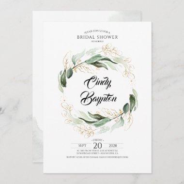 Greenery Foliage and Gold Leaves Bridal Shower Invitations