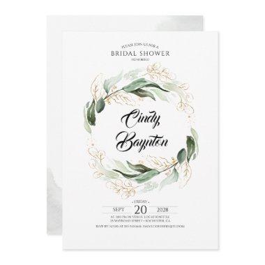 Greenery Foliage and Gold Leaves Bridal Shower Invitations