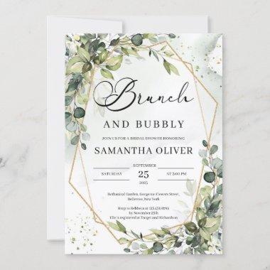 Greenery foliage gold geometric brunch and bubbly Invitations