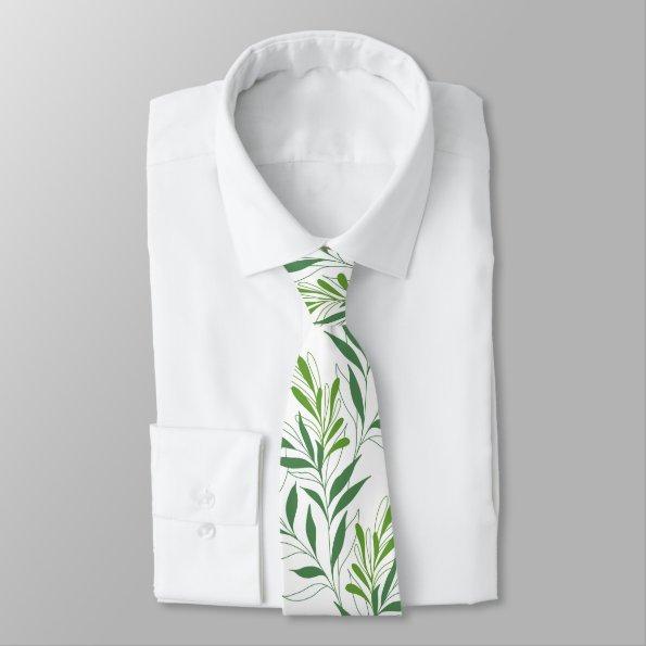 Greenery Foliage Pattern Elegant Green And White Neck Tie