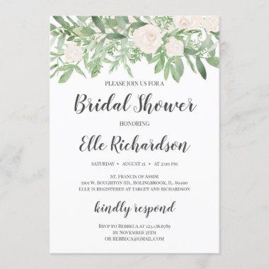 Greenery foliage white roses bridal shower Invitations