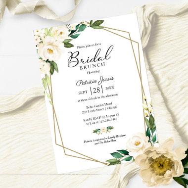 Greenery Geometric White Floral Bridal Brunch Invitations