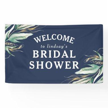 Greenery Gold Leaves Navy Blue Bridal Shower Banner