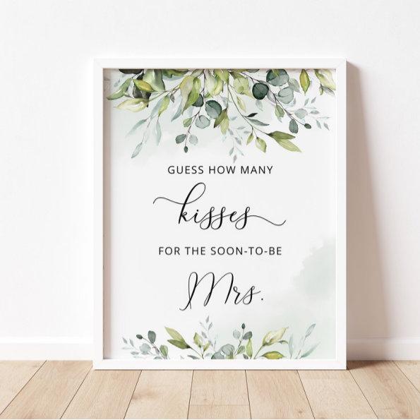 Greenery how many kisses bridal shower game poster