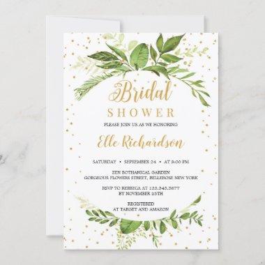 Greenery leaves with gold sparkles bridal shower Invitations