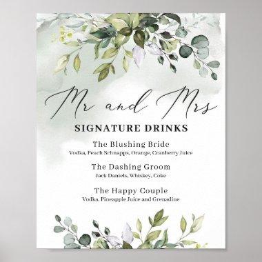 Greenery mr and mrs signature drinks wedding sign