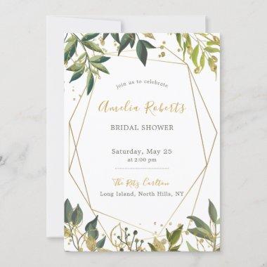 Greenery n Gold Geometric Floral Bridal Shower Invitations
