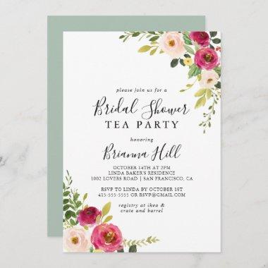 Greenery Pink Blush Floral Bridal Shower Tea Party Invitations