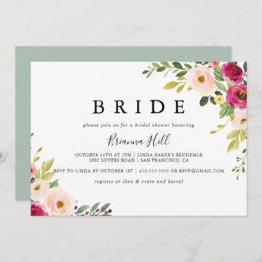 Greenery Pink Blush Floral Bride Bridal Shower Invitations