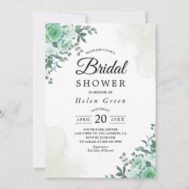 Greenery Rose Floral Watercolor Bridal Shower Invitations