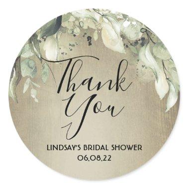 Greenery Rustic Wood Bridal Shower Thank You Classic Round Sticker