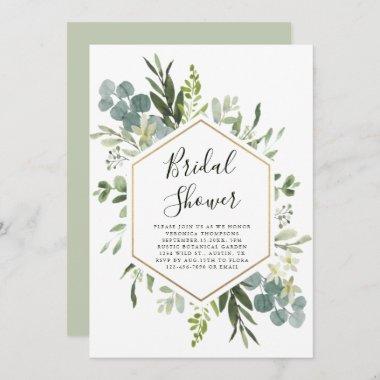 Greenery Watercolor Gold Hexagon Bridal Shower Invitations