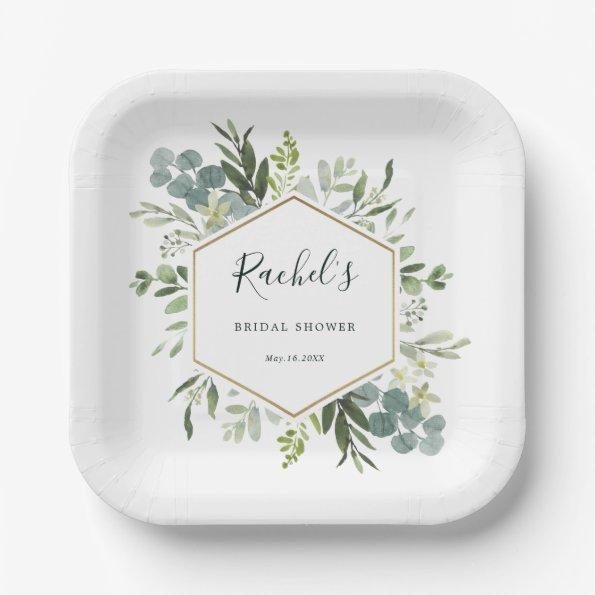 Greenery Watercolor Gold Hexagon Bridal Shower Paper Plates