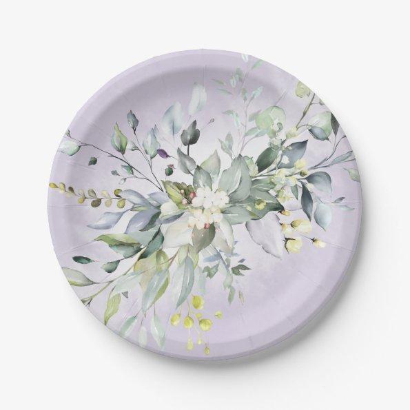 Greenery Watercolor Purple Lavender Bridal Shower Paper Plates