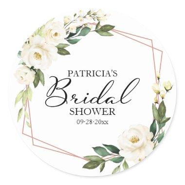 Greenery White Flowers Geometric Bridal Shower Cl Classic Round Sticker