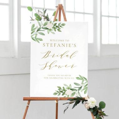 Greenery White Flowers Gold Bridal Shower Welcome Poster
