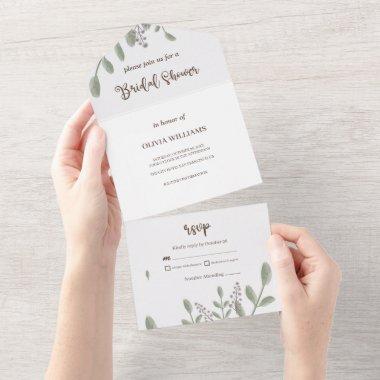 Greenery with Watercolor Floral Bridal Shower All In One Invitations