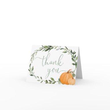 Greenery wreath and pumpkins fall thank you Invitations