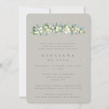 Greige Snowberry+Eucalyptus Bridal Shower Invitations