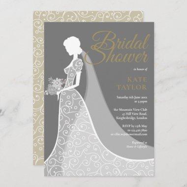 Grey and White Lace Gown Bridal Shower Invitations