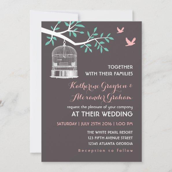 Grey Bird Cage and Dove Rustic Wedding Invitations