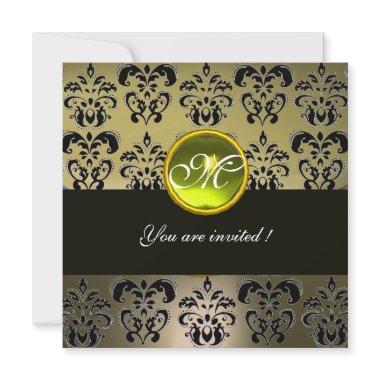 GREY BLACK DAMASK MONOGRAM, topaz Invitations