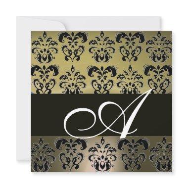 GREY BLACK DAMASK MONOGRAM , white Invitations