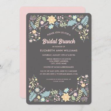 Grey Blush Pink Modern Floral Bridal Brunch Invitations