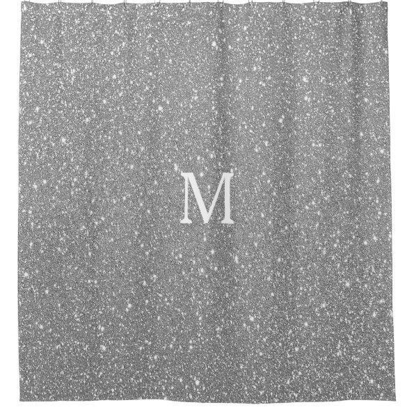 Grey Glitter Monogram Initial Custom Name Sparkly Shower Curtain