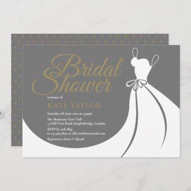 Grey Gold Elegant Gown Bridal Shower Invitations