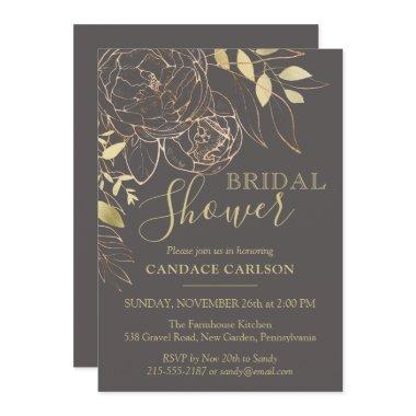 Grey & Gold Peony Modern Floral