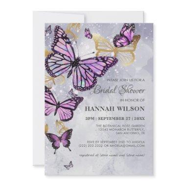 Grey Gold Purple Butterfly Elegant Bridal Shower Invitations